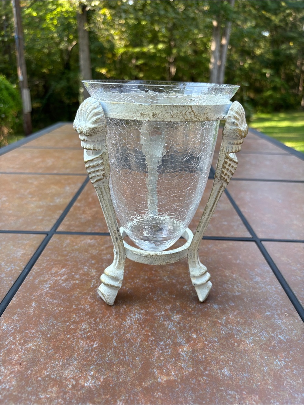 Decorative Clear Crackle Glass Vase/Candle Holder Distressed White Metal Stand